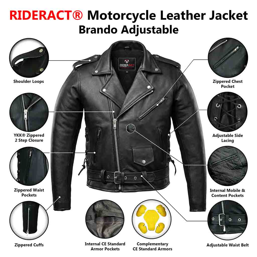 Detailed Infographics Motorcycle Leather Jacket Brando Adjustable