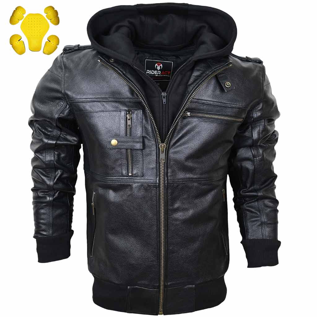 rideract Men Leather Motorcycle jacket with hood stinger