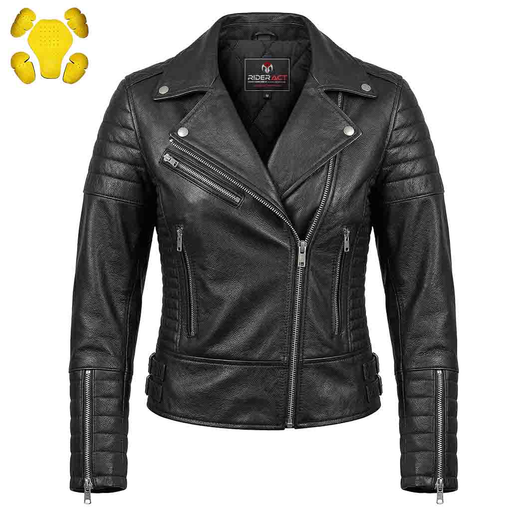 RIDERACT Women Leather Motorcycle Jacket Brando