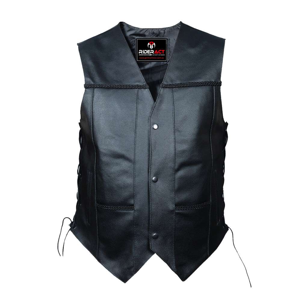 leather vest Motorcycle Biker Riders Leather Black Vest Braid Simple Style Waistcoat