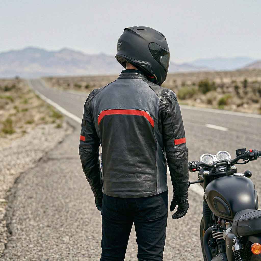 A person in a black leather jacket and helmet standing next to a motorcycle.
