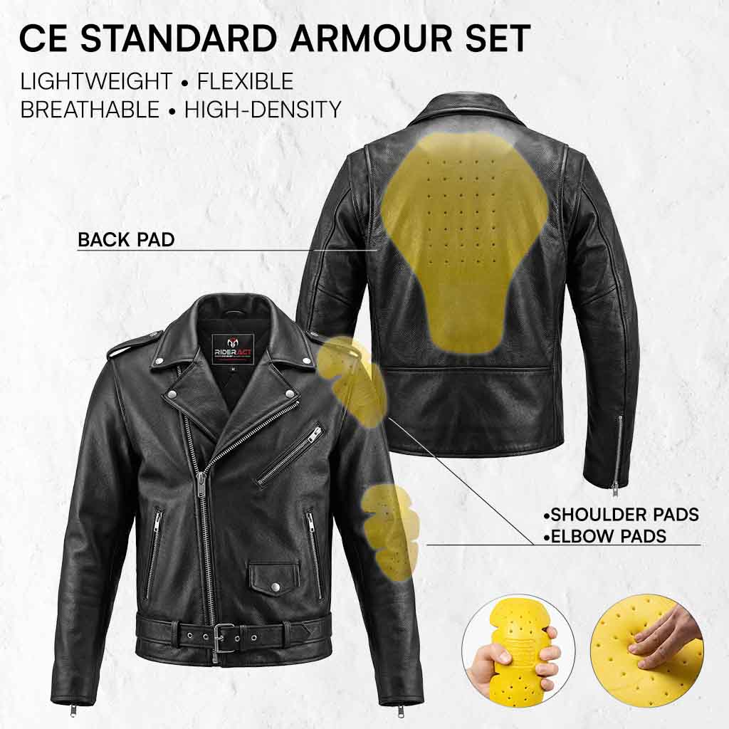 Black moto jacket with highlighted armor pads.