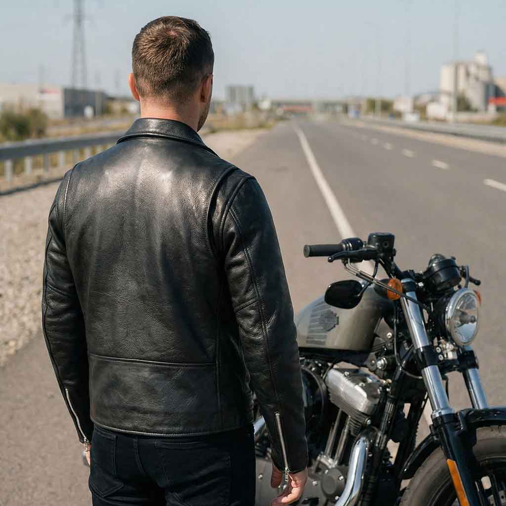 Man in a Leather Moto Jacket standing next to a motorcycle.