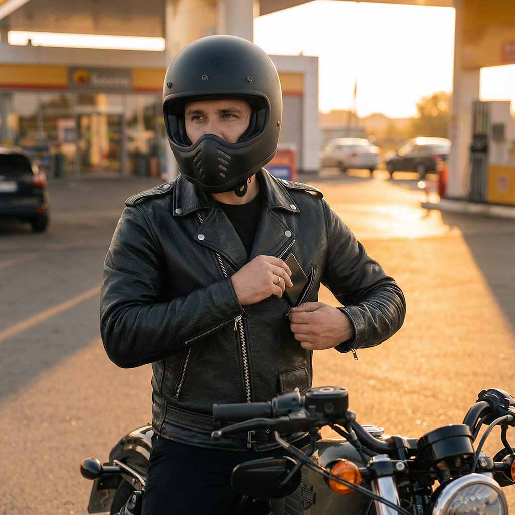 Person wearing a leather moto jacket and helmet standing next to a motorcycle at a gas station.