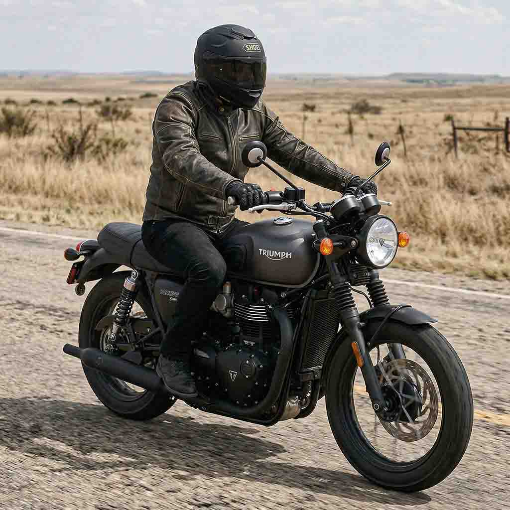 Motorcycle jacket worn by rider on open road