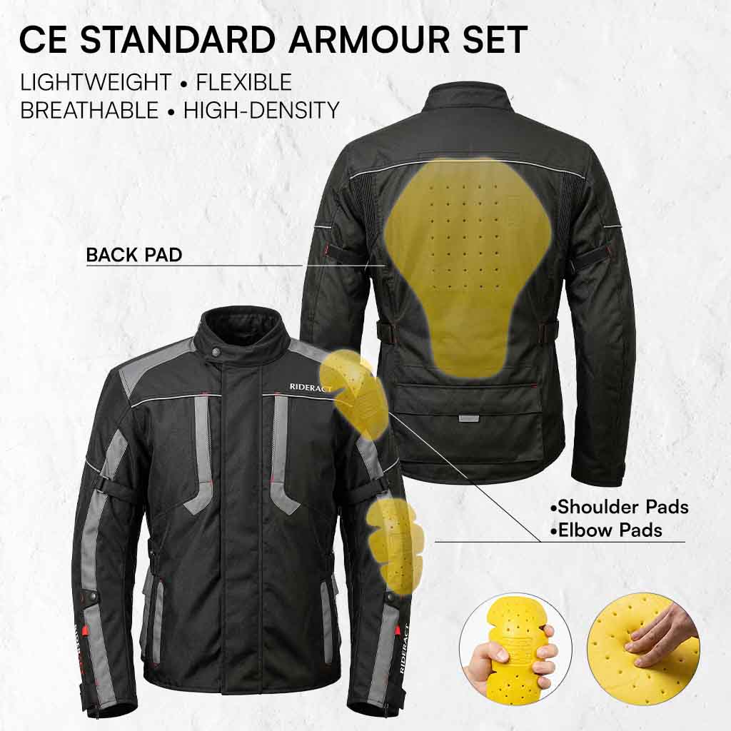 Motorcycle jacket with CE standard armour set features