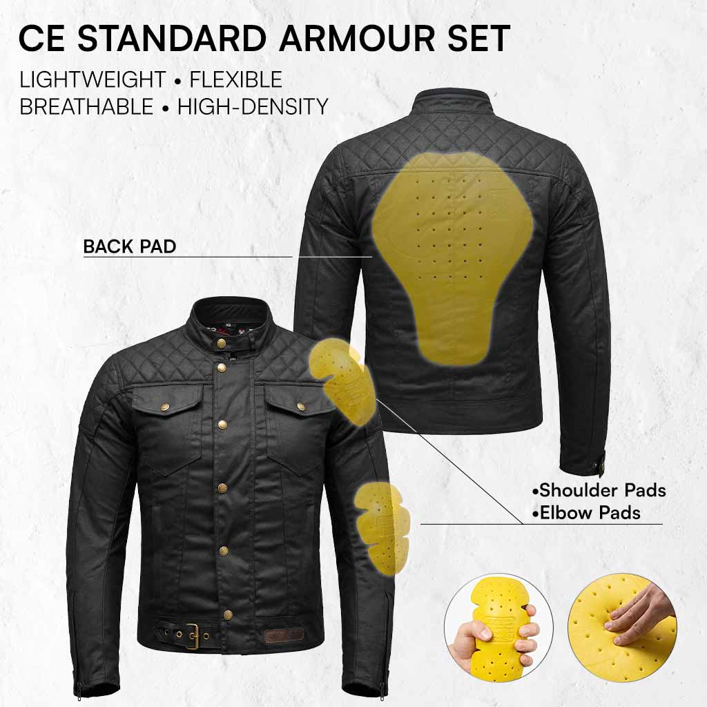 Black jacket with CE standard armour set features