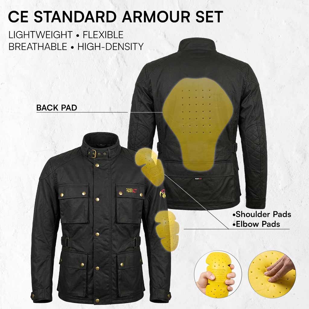 Black jacket with CE standard armour set features