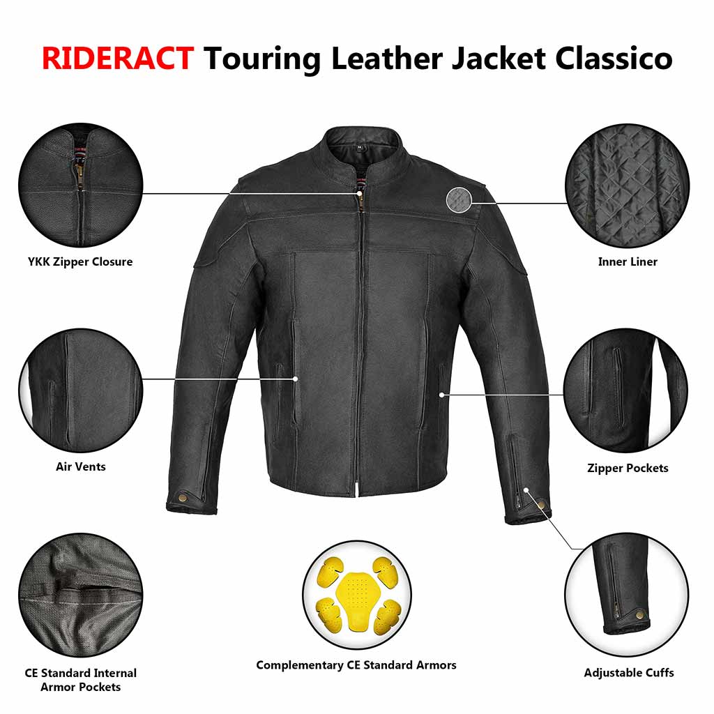 Infographics for touring motorcycle Leather jacket for Men made in Australia by RIDERACT®