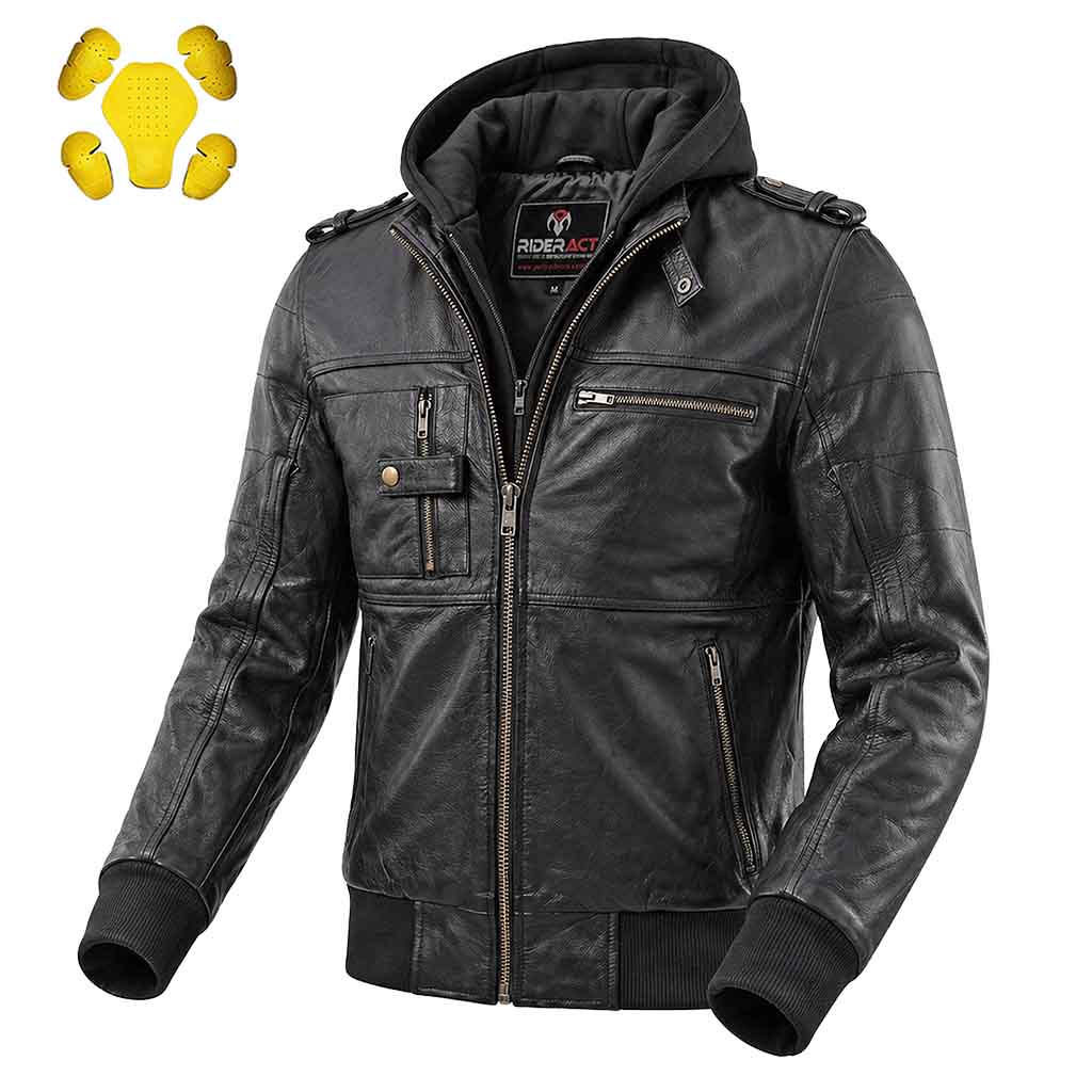Leather motorcycle jacket with hood