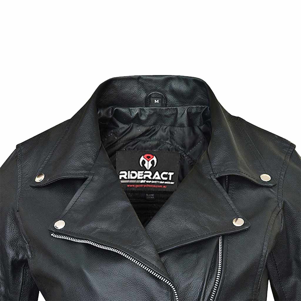 Stud button double collar down style Leather Moto jacket for women