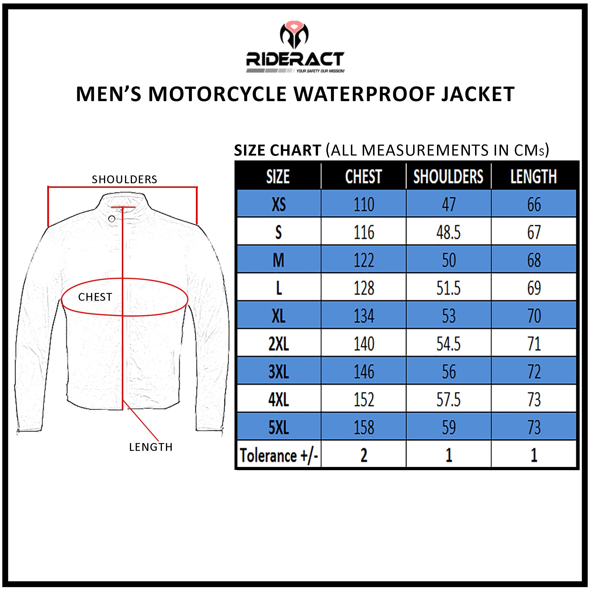 RIDERACT waterproof riding jacket Size Chart