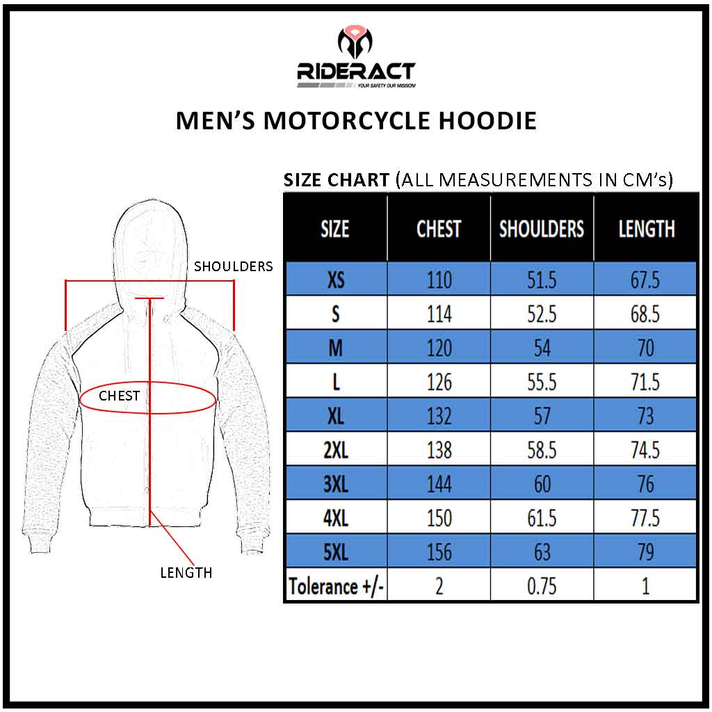 RIDERACT® Street Riding Motorcycle Hoodie Black Grey Reinforced with Aramid Fiber Size Chart
