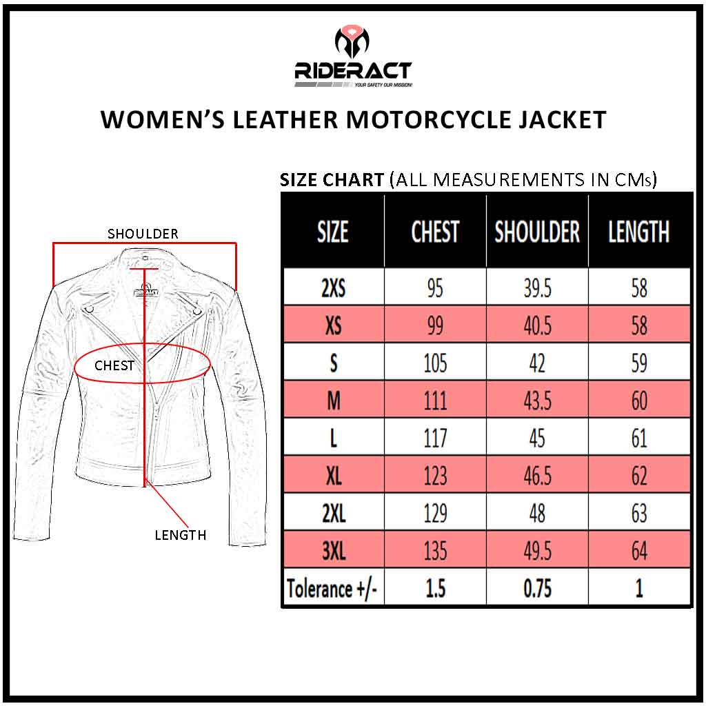 RIDERACT Leather Moto jacket for women Brando Size Chart