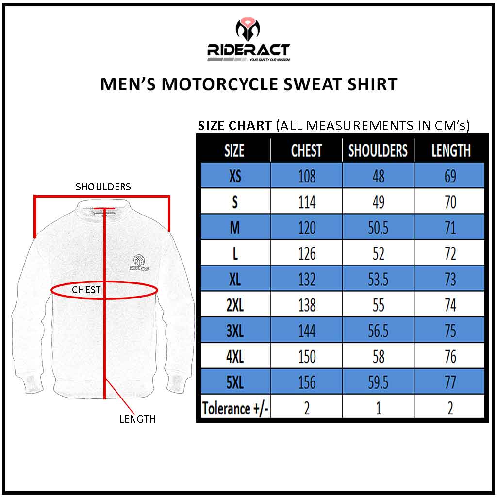 RIDERACT® Street Riding Sweat Shirt Black Reinforced with Aramid Fiber Size Chart