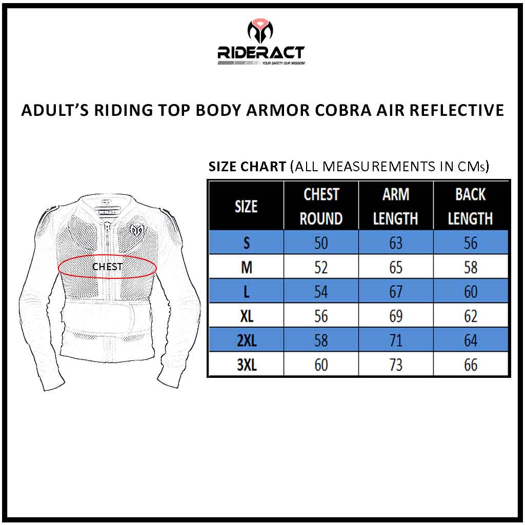 RIDERACT® Adult’s Body Armour Cobra Air Reflective Size Chart