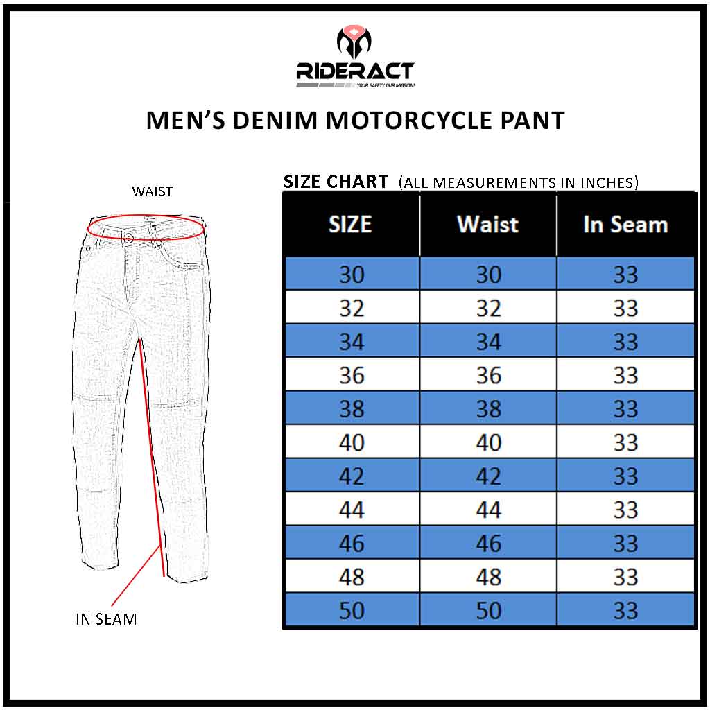 Size Chart Motorcycle Kevlar Jean
