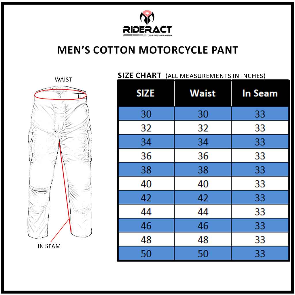 Motorcycle Pant Cotton Black Size Chart