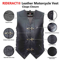 RIDERACT® Adjustable Leather Vest Black with Antique Clasps Closure Infographics
