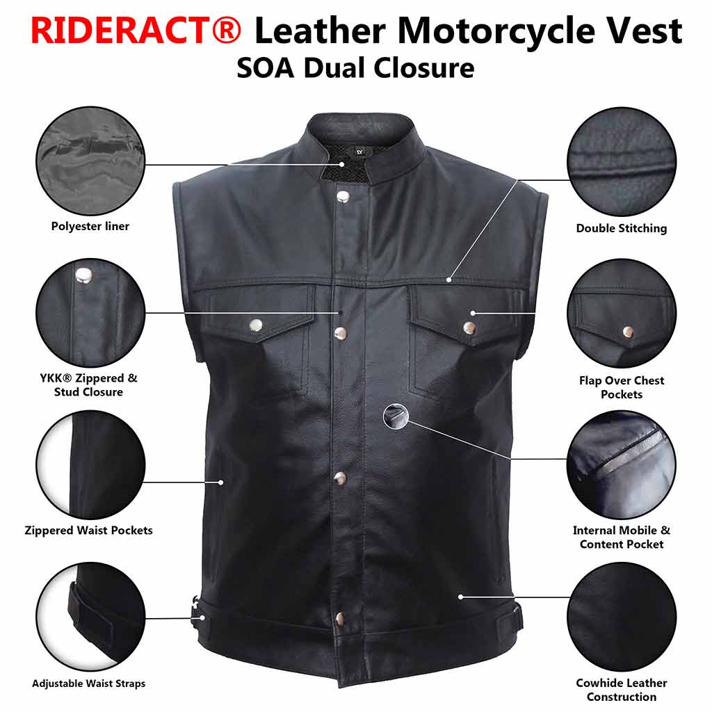 Infographics Leather Motorcycle Vest SOA Button & Zipper Dual Closure
