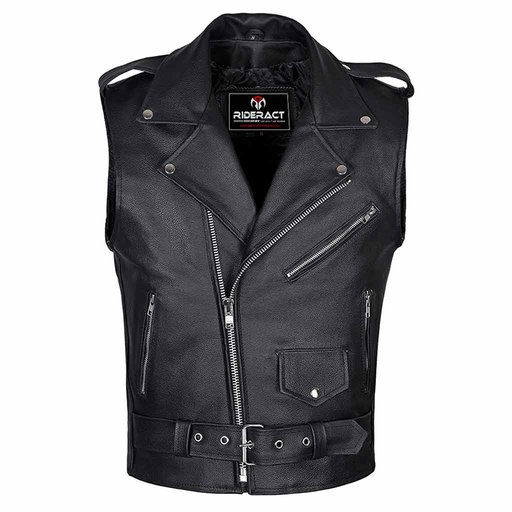 Men Brando Style Leather Vest Black Sleeveless Jacket