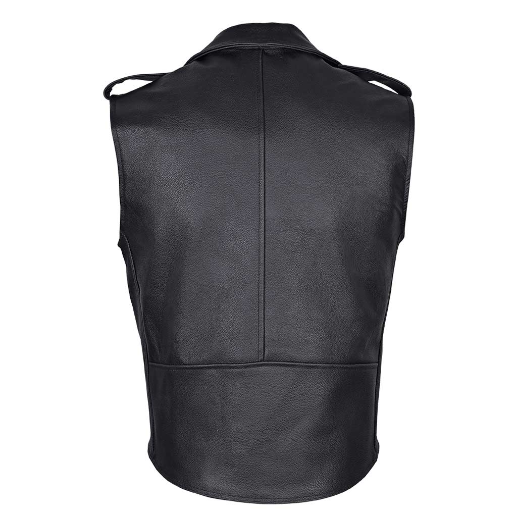 Men Brando Style Leather Vest Black Sleeveless Jacket Backview