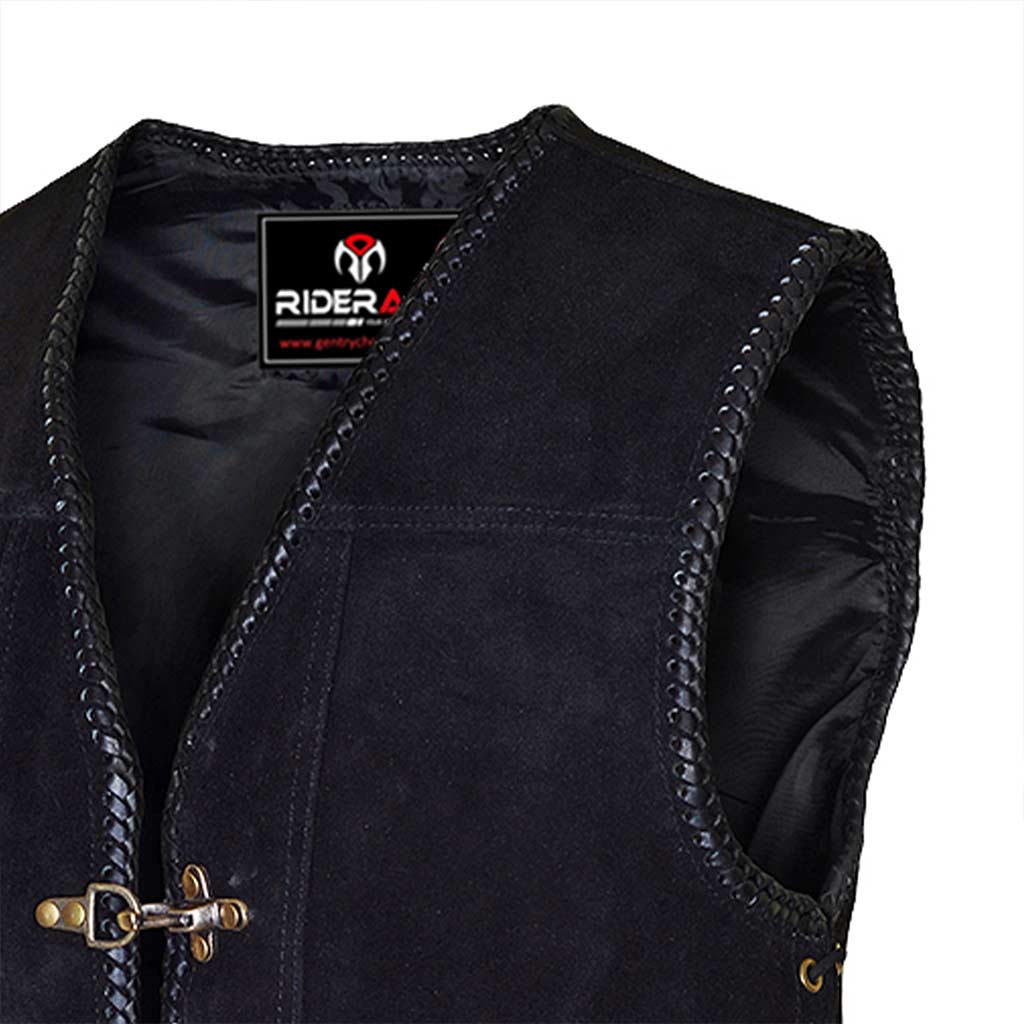 Leather Vest Black Braiding on edges