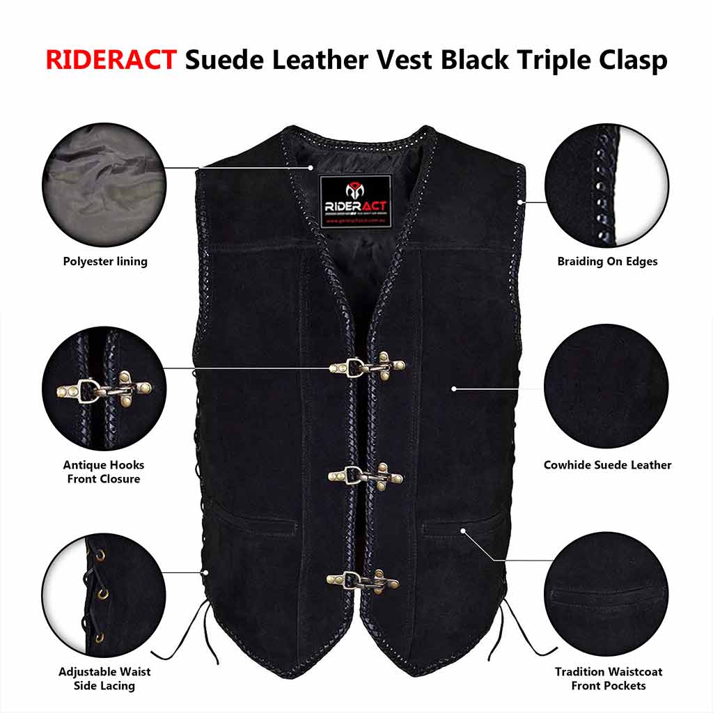 RIDERACT® Suede Leather Vest Black Triple Clasp Infographics