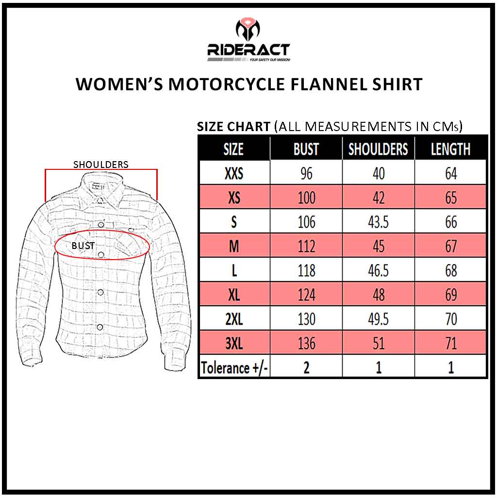 RIDERACT® Women Reinforced Flannel Shirt Road Series Purple Size Chart
