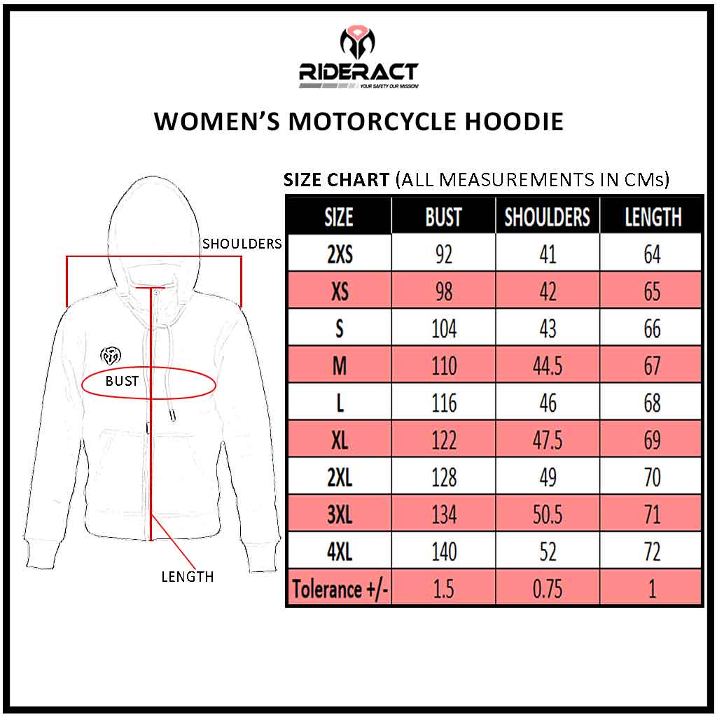 RIDERACT® Women's Motorcycle Riding Reinforced Hoodie Black Size Chart