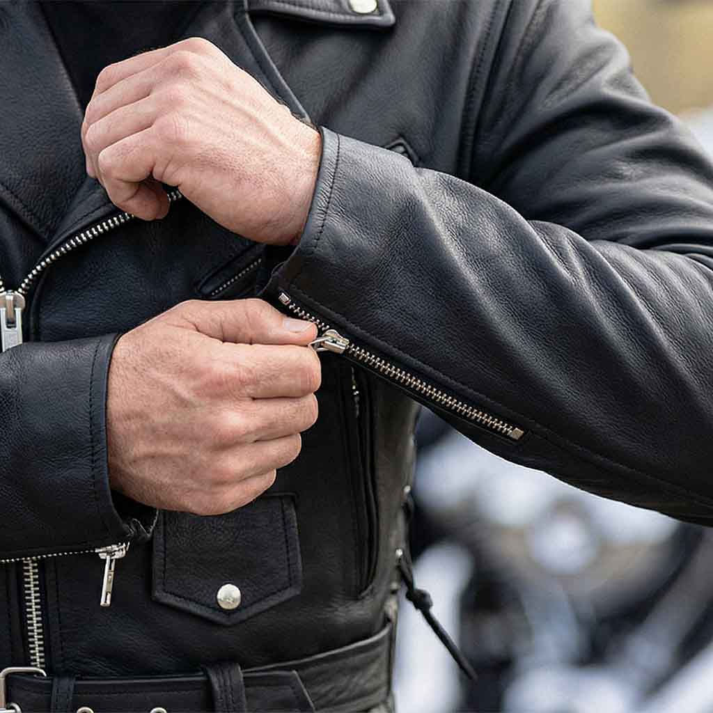leather motorcycle jacket with zippers and buttons.