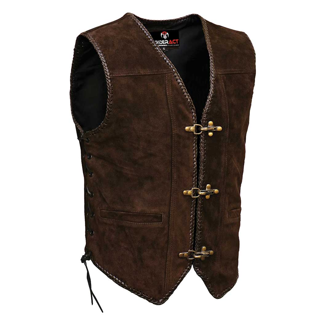 Suede Leather Vest – Brown Triple Clasp Biker Style – RIDERACT®