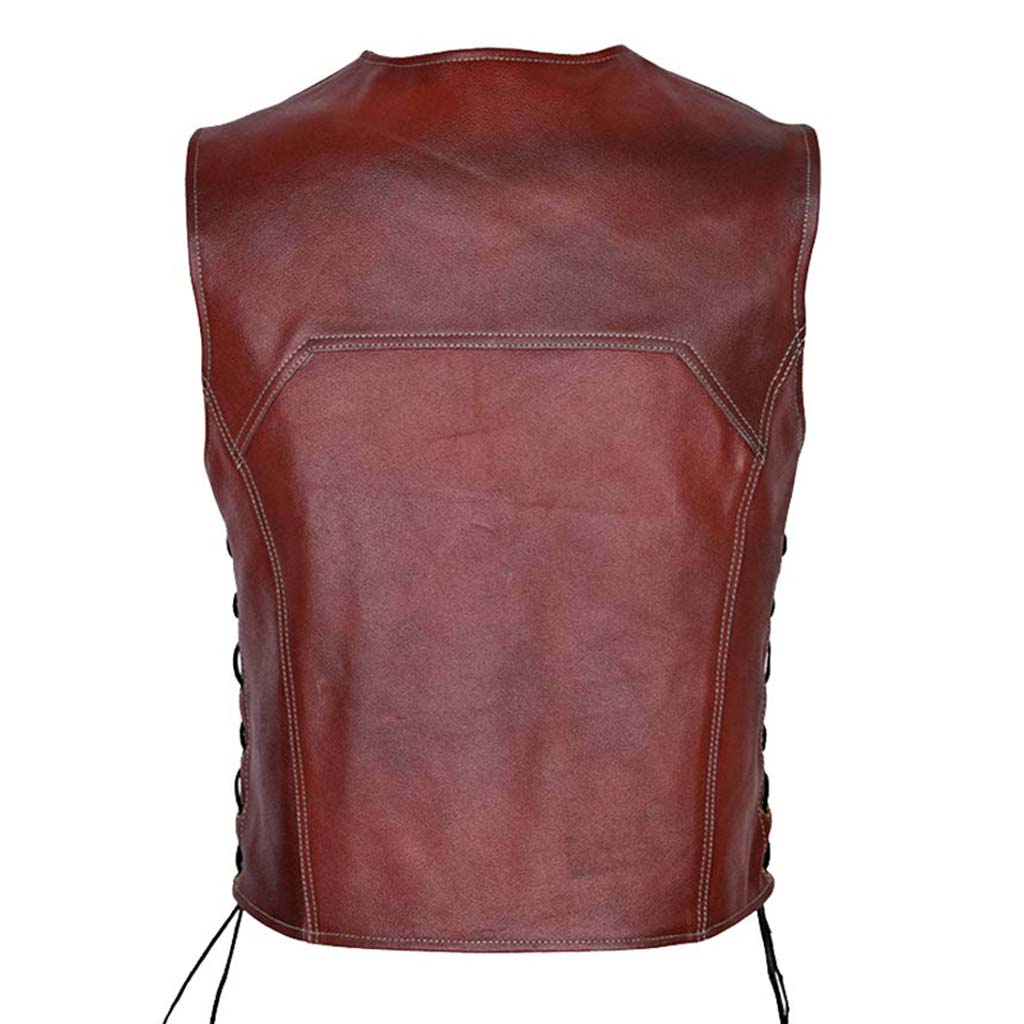 Leather Vest Harley davidson Style Brown Back Pose