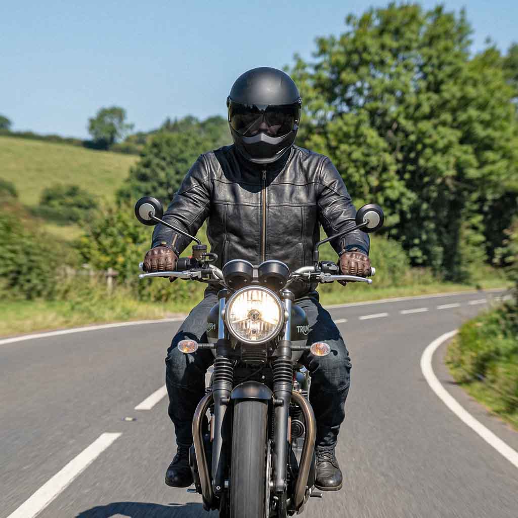 Person riding a motorcycle on a road in RIDERACT touring jacket