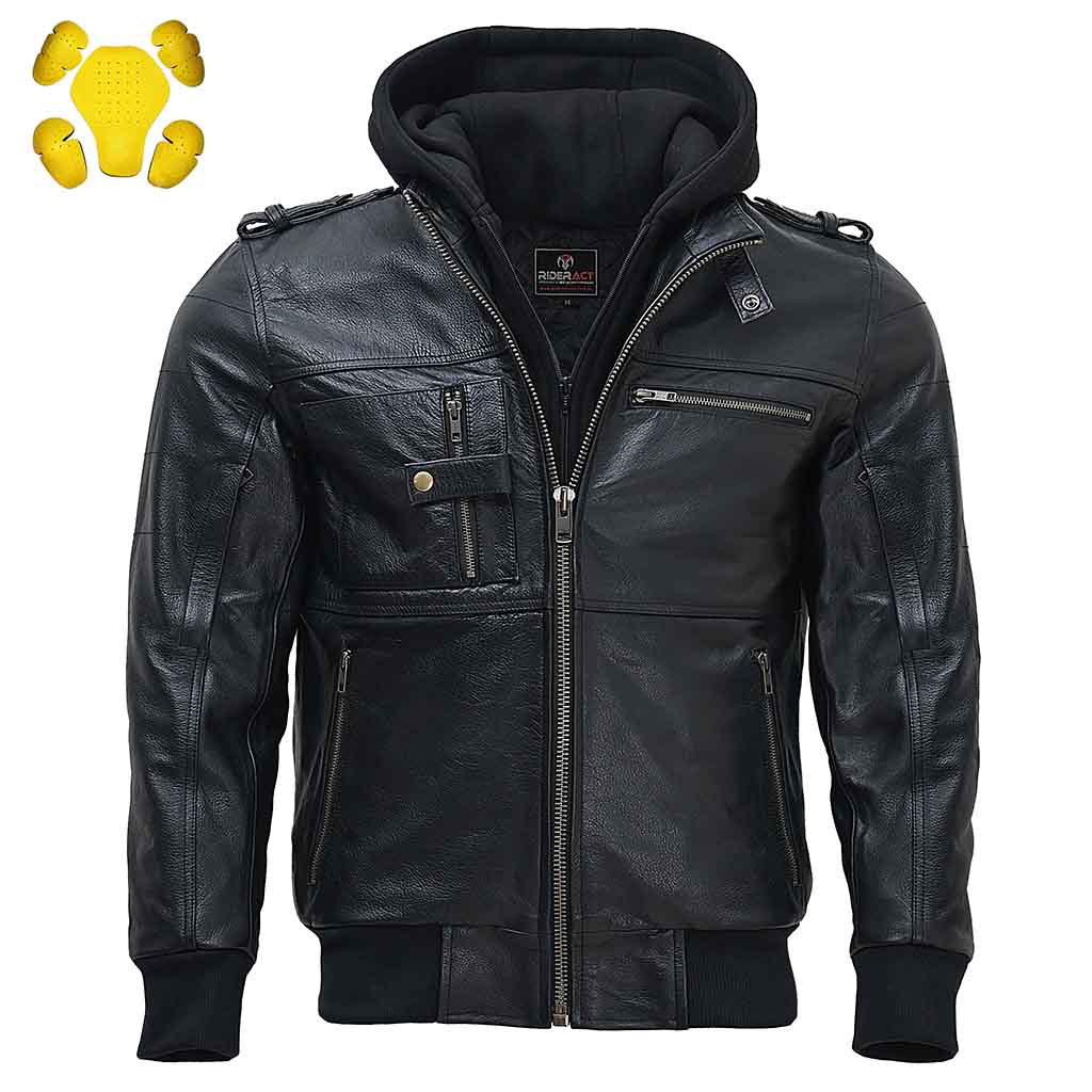 RIDERACT® Men's Leather Motorcycle jacket with hood stinger