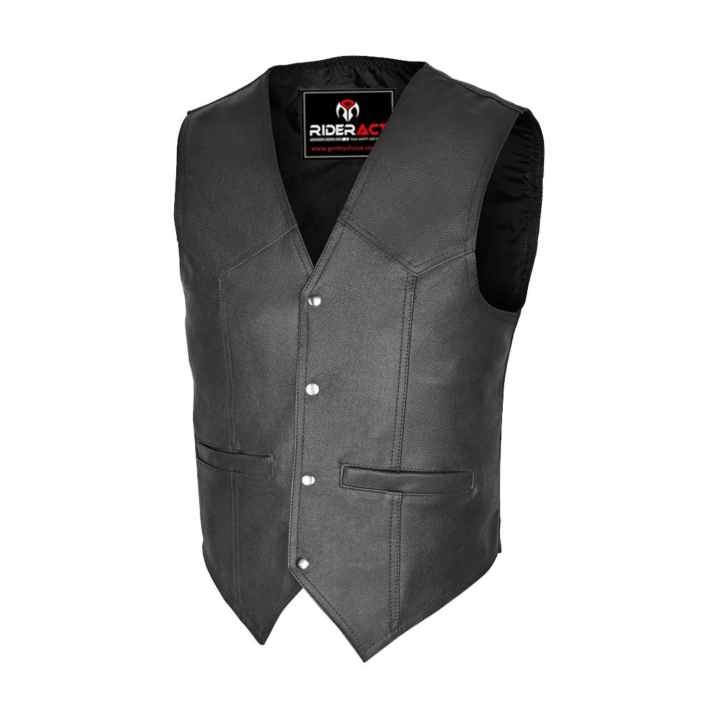 RIDERACT® Classic Leather Motorcycle Vest – Plain Black