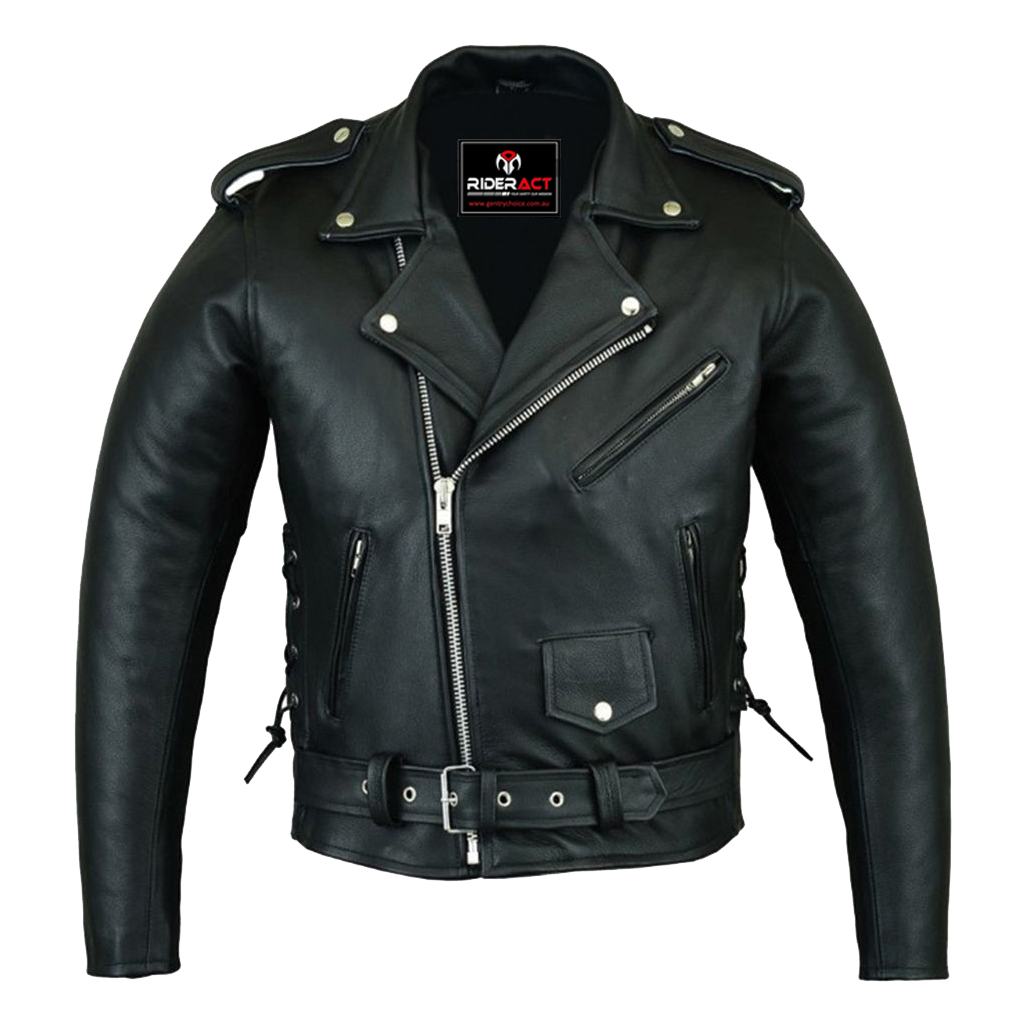 Men's Classic Motorcycle Leather Jacket, black, with side laces, stud belt, down collar, chained pockets and shoulder straps