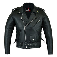 Men's Classic Motorcycle Leather Jacket, black, with side laces, stud belt, down collar, chained pockets and shoulder straps