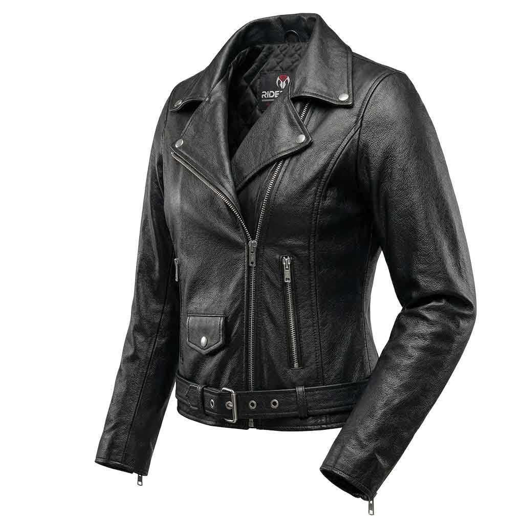 Women Moto jacket Black Side Pose