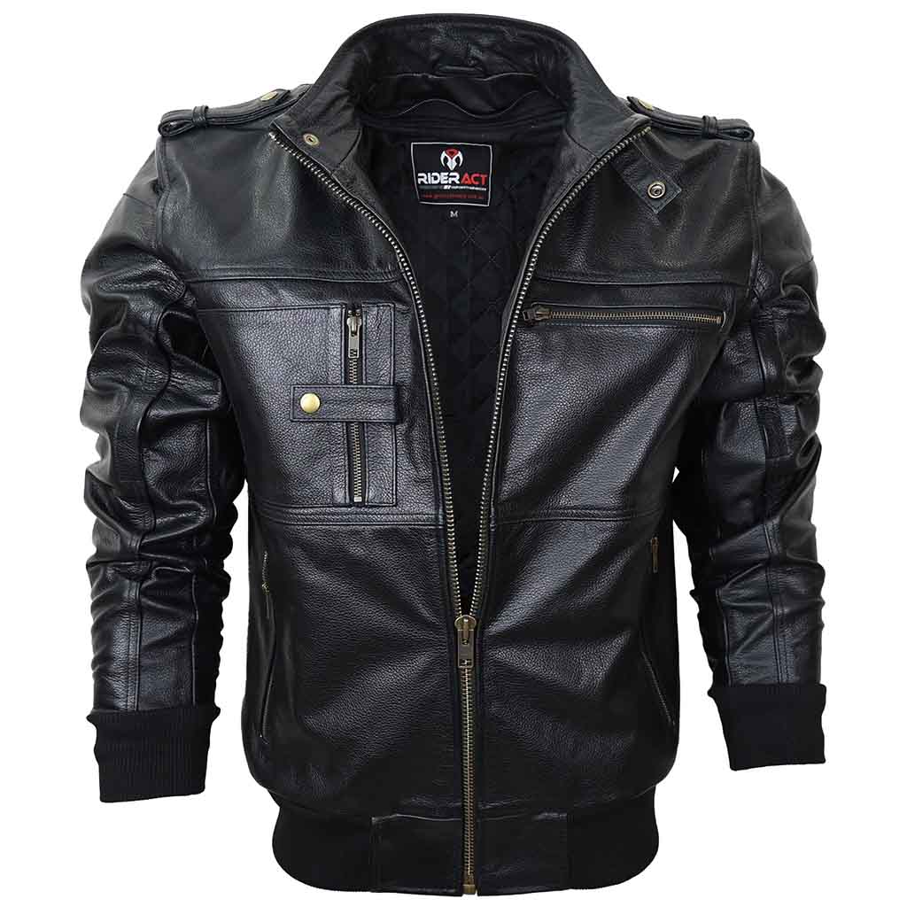 Men Leather Motorcycle Jacket zipper pockets