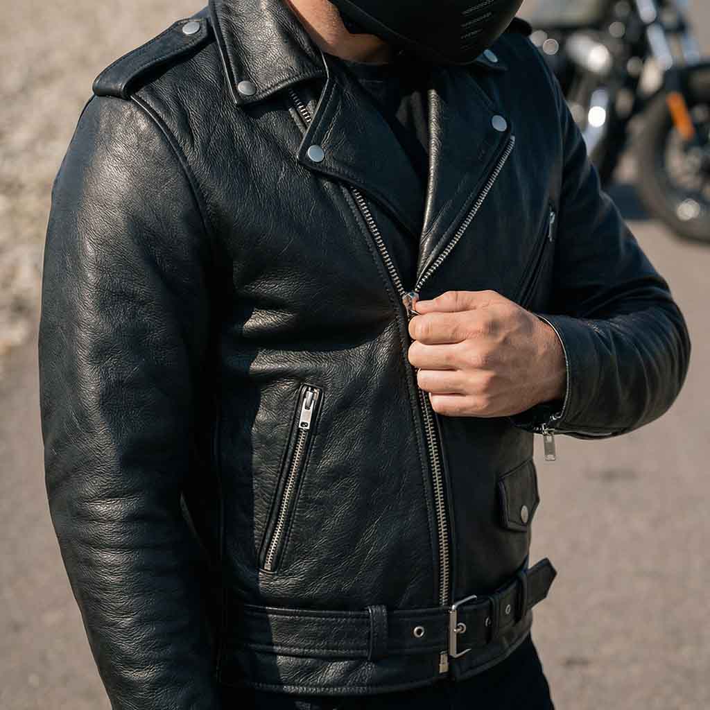 Person wearing a black Brando jacket.
