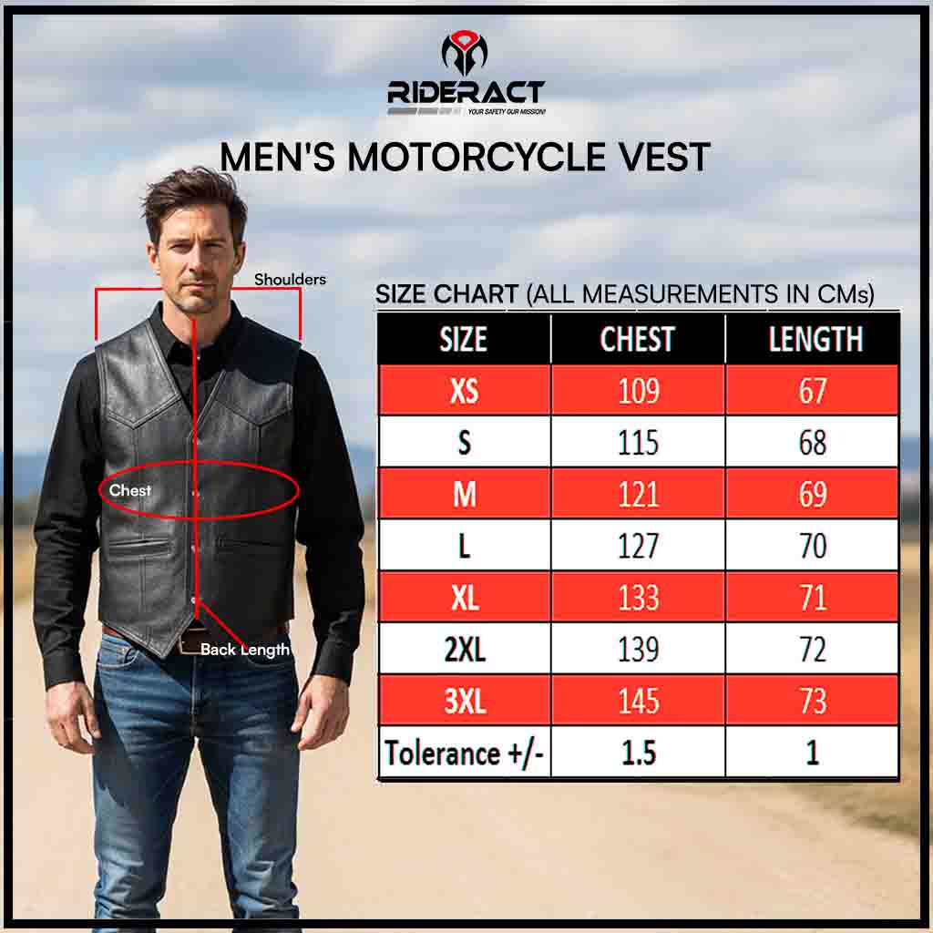 RIDERACT® Classic Leather Motorcycle Vest – Plain Black