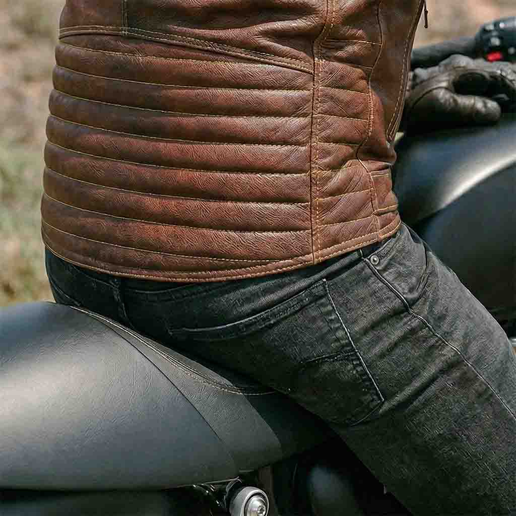 Brown  Leather Motorbike Jacket on rider sitting on bike