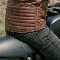 Brown  Leather Motorbike Jacket on rider sitting on bike