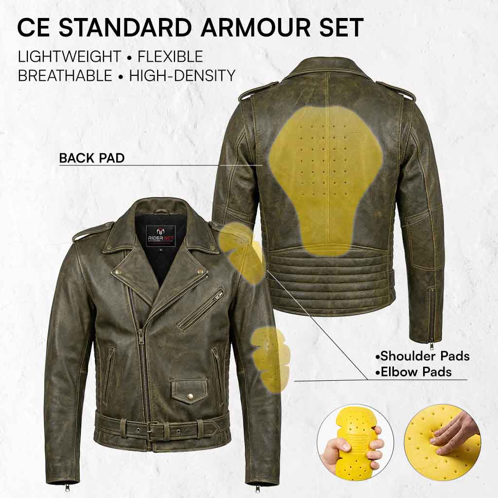 leather motorbike jacket with CE standard armour set features