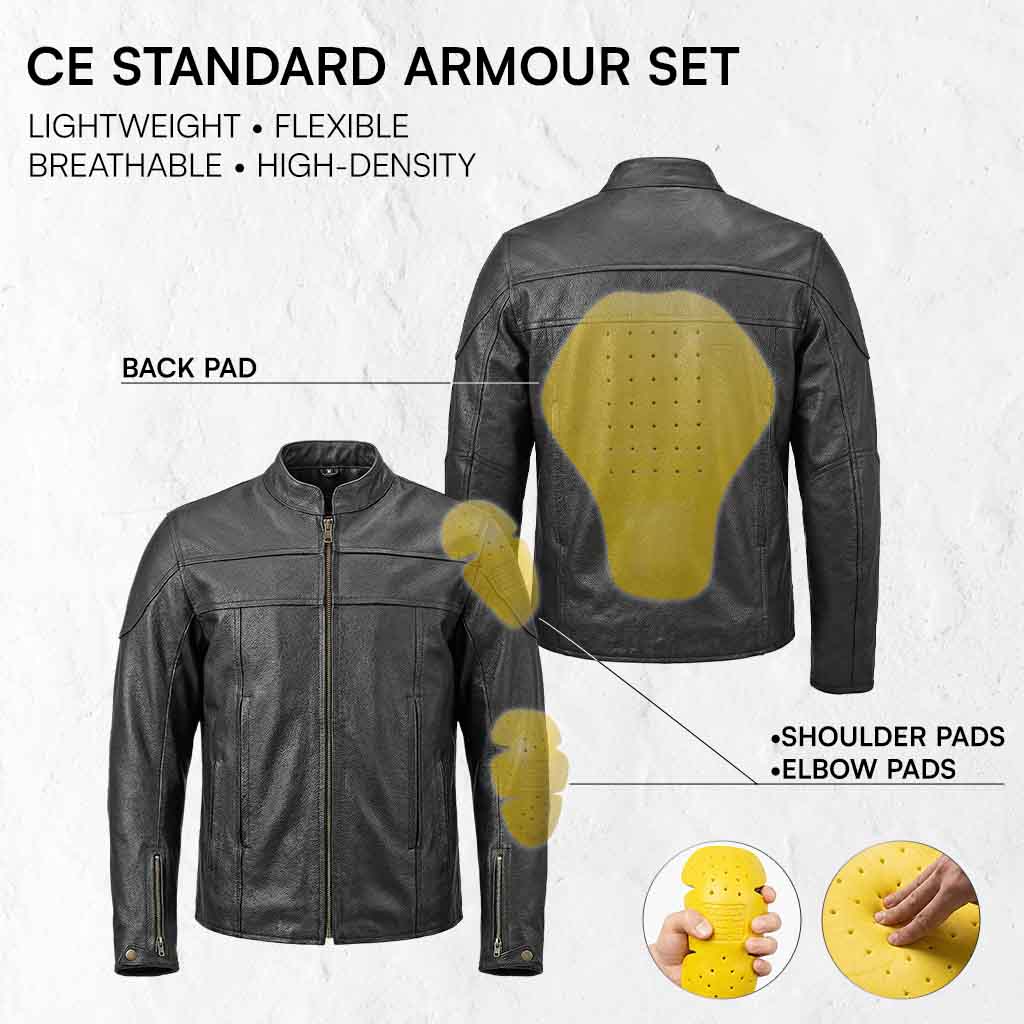 Infographics for men's leather jackets with CE standard-size internal armor pockets.