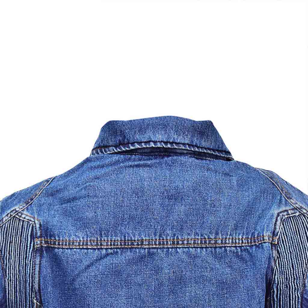 stretch paneled shoulders for comfort and ease of maneuvering Denim Biker jacket