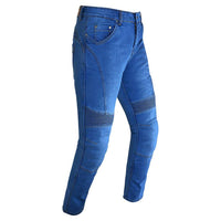 biker style blue jeans side view