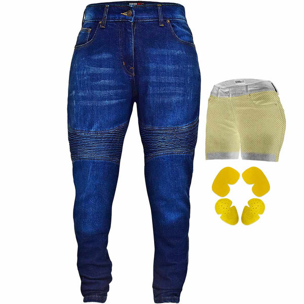 Women Bikers Style Jeans Dark Blue Reinforced with Aramid Fiber