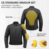 Black motorcycle jacket with CE standard armour set